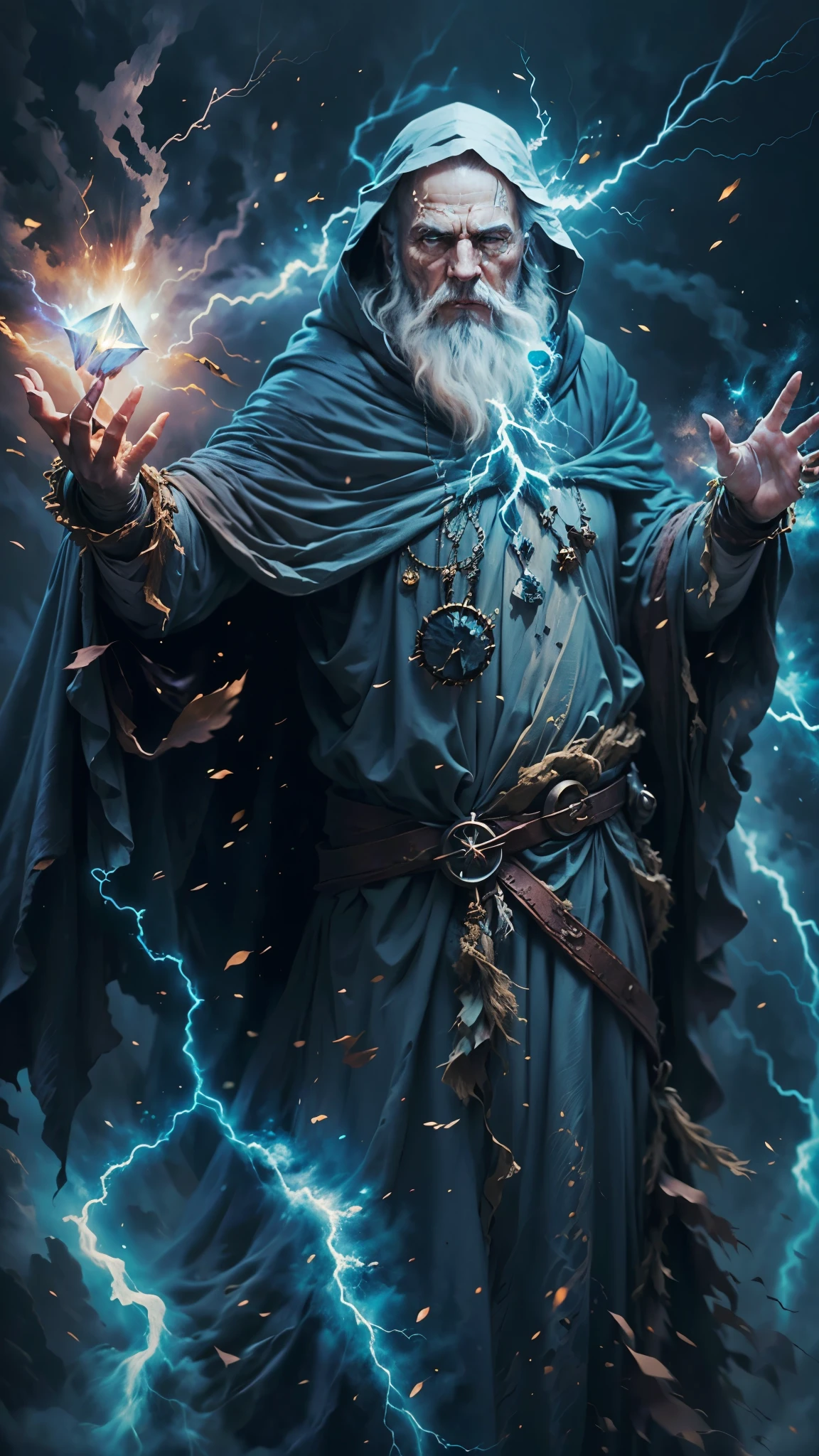 A majestic old mage with gray hair and beard, piercing blue eyes, wearing a large hooded dark robe, conjuring a powerful lightning spell, dynamic storm background, (best quality,4k,8k,highres,masterpiece:1.2),ultra-detailed,(realistic,photorealistic,photo-realistic:1.37),male character,lightning mage,uses lightning,magical lightning powers,gray hair,gray beard,bright blue eyes,hood,large and dark clothes,magic style,magic effect of electricity,posture of a mage,lightning project,dark background,storm background,dynamic point of view,old man,magical power,divine character