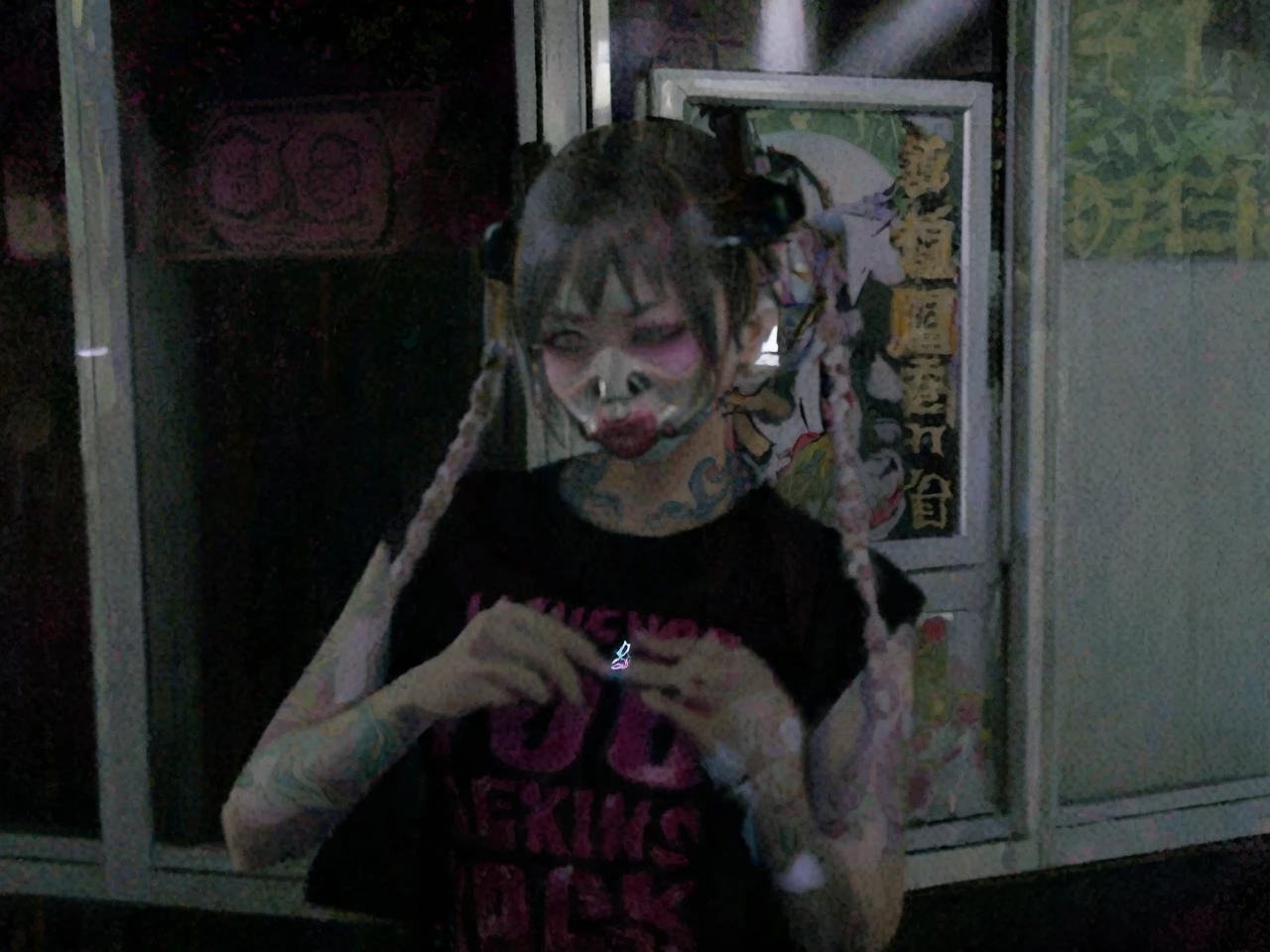 A highly detailed and creative illustration of a tattooed geisha wearing a gas mask, cherry blossoms, skulls, Japanese writing, fantasy style, inspired by Dan Mumford and Frank Franzetta, sketch-like quality, white electric pink blue red yellow outlines, bright colors, logo-style composition, negative space