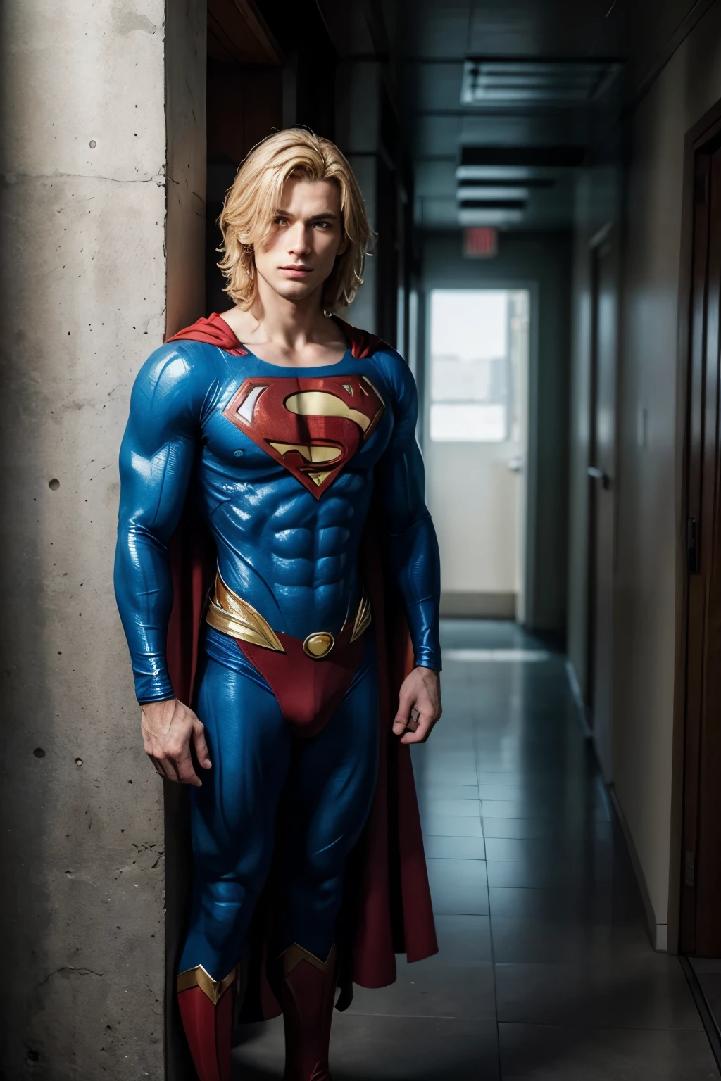 A typical American man, in superman outfit, heroi criptoniano, a handsome and attractive man beautiful wise eyes, A beautiful face, An attractive man, a seductive gaze, A complete body, standing to its full height, standing against a wall, leaning on your shoulder, a full body man standing near the wall, Beautiful and complete male body, blond hair, face full 