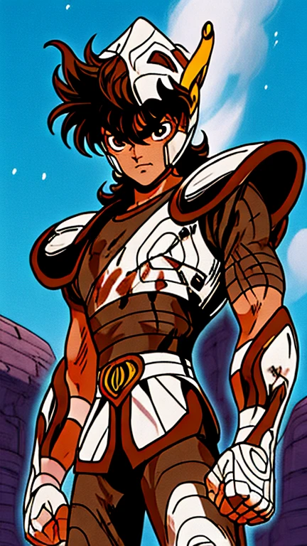 shingoaraki-smf style, knights of the zodiac, saint seiya, 1 boy, messy brown hair, expression of determination on her face, pegasus seiya , bandages, Blood, injured, pegasus armor, Broken Armor, rock ruins background, posture of battle, cosmos, energy stars, blue aura 