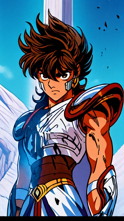 shingoaraki-smf style, knights of the zodiac, saint seiya, 1 boy, messy brown hair, expression of determination on her face, pegasus seiya , bandages, Blood, injured, pegasus armor, Broken Armor, rock ruins background, posture of battle, cosmos, energy stars, blue aura 