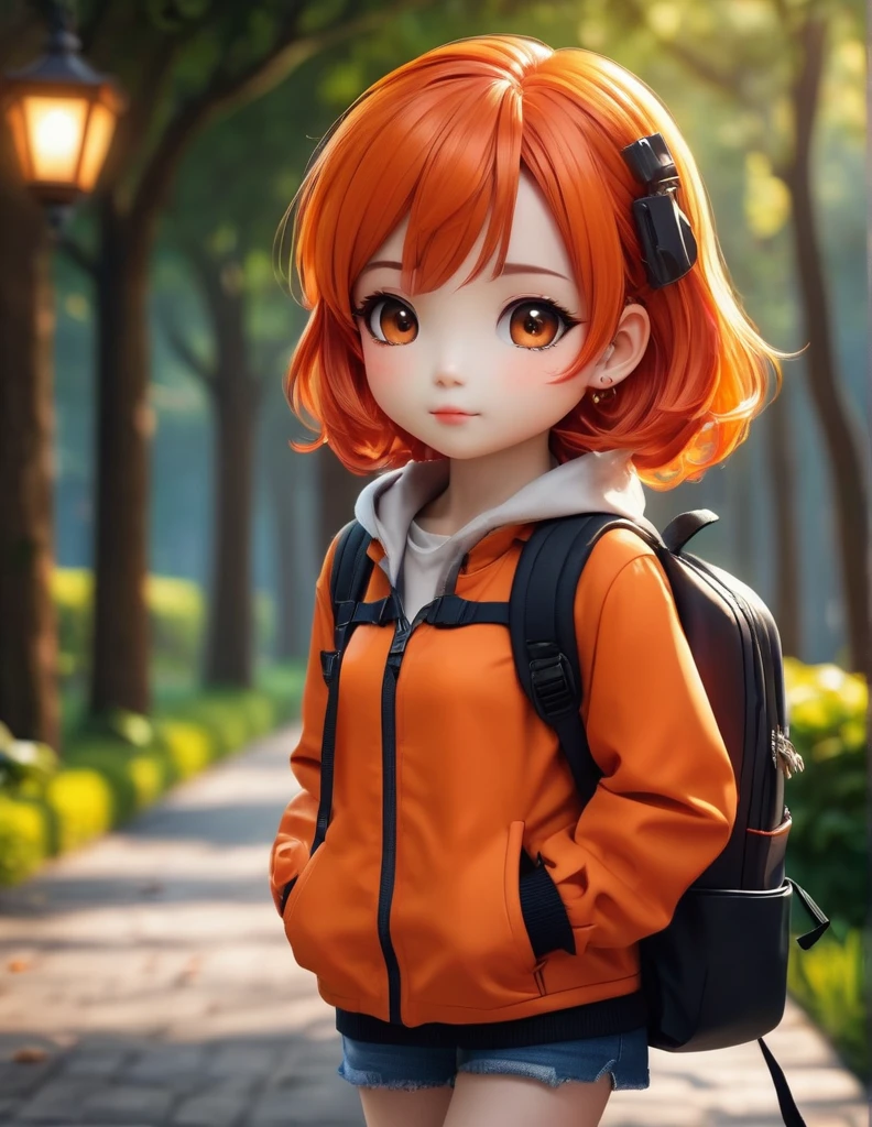 quality(8k wallpaper of extremely detailed CG unit, ​masterpiece, hight resolution, top-quality, top-quality real texture skin,hyper realisitic, digitial painting,increase the resolution,RAW photos，best qualtiy,highly detailed,the wallpaper),BREAK,8K, half face, girl with orange hair, backpack, red coat, Chibi 