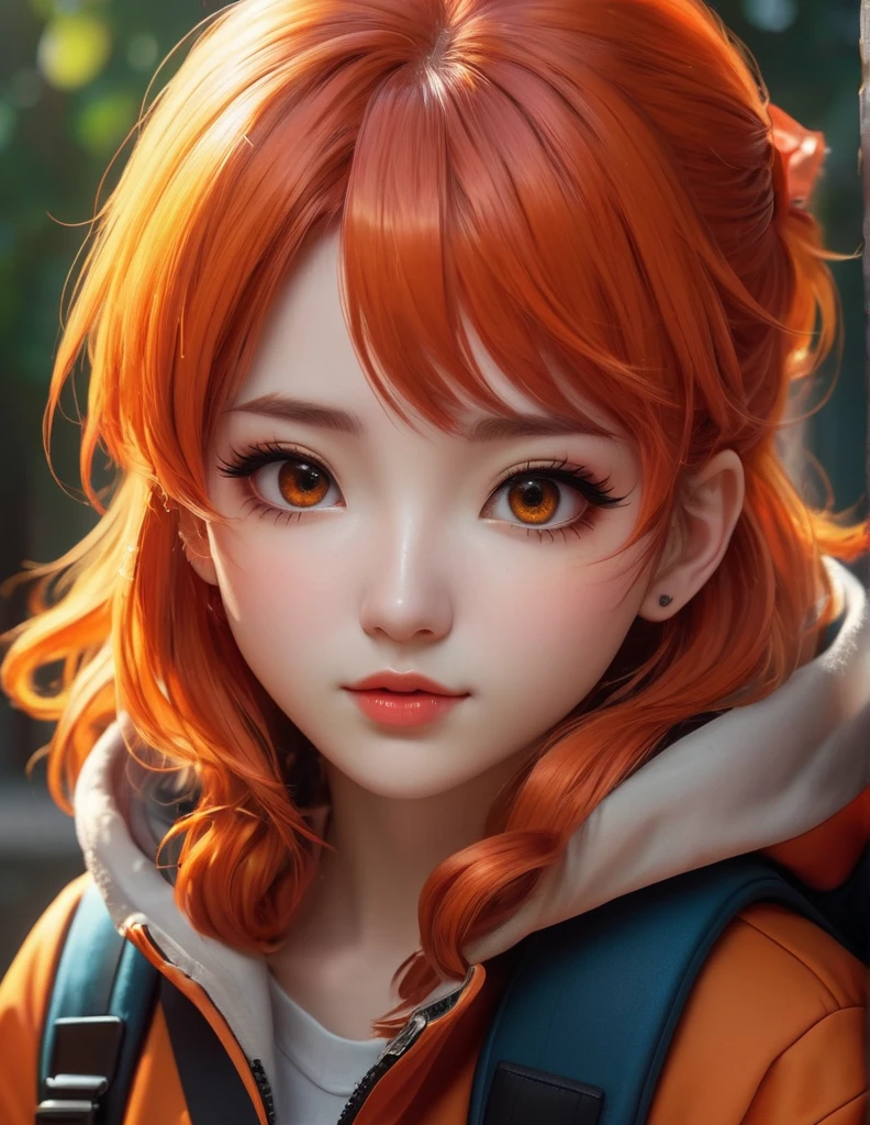 quality(8k wallpaper of extremely detailed CG unit, masterpiece, hight resolution, top-quality, top-quality real texture skin,hyper realisitic, digitial painting,increase the resolution,RAW photos,best qualtiy,highly detailed,the wallpaper),BREAK,8K, half face, girl with orange hair, backpack, red coat, Chibi