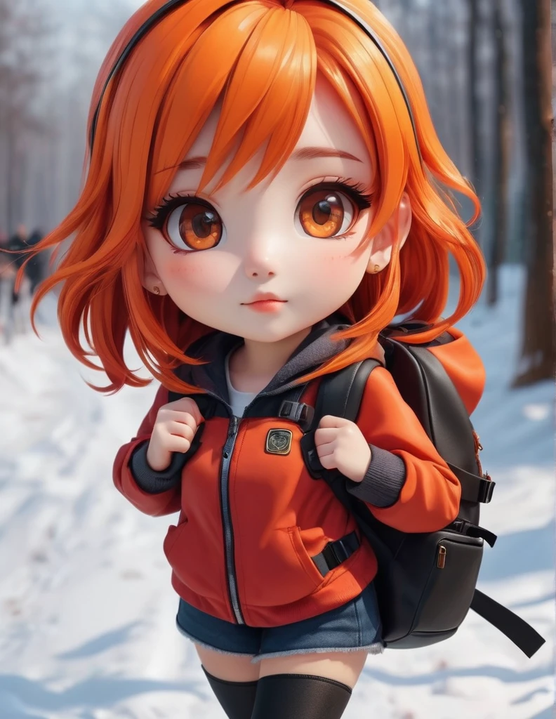 quality(8k wallpaper of extremely detailed CG unit, masterpiece, hight resolution, top-quality, top-quality real texture skin,hyper realisitic, digitial painting,increase the resolution,RAW photos,best qualtiy,highly detailed,the wallpaper),BREAK,8K, half face, girl with orange hair, backpack, red coat, Chibi