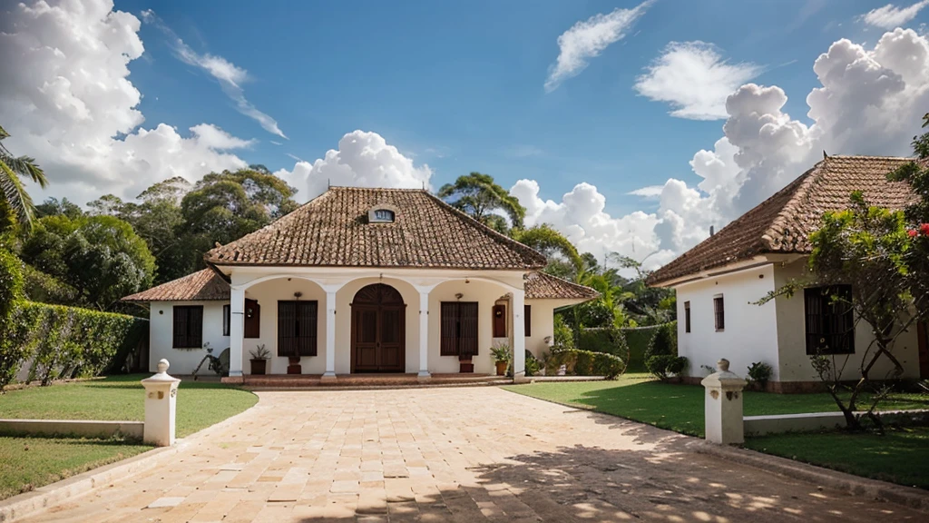 Front view of three small white colonial houses of Villa de Leiva, Colombia with tile roof