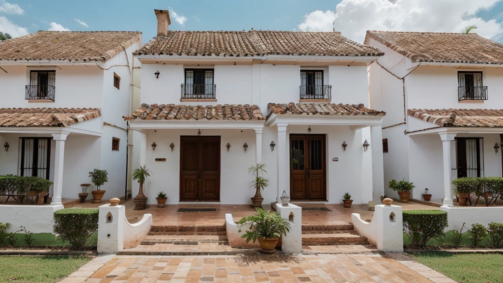 Front view of three small white colonial houses of Villa de Leiva, Colombia with tile roof