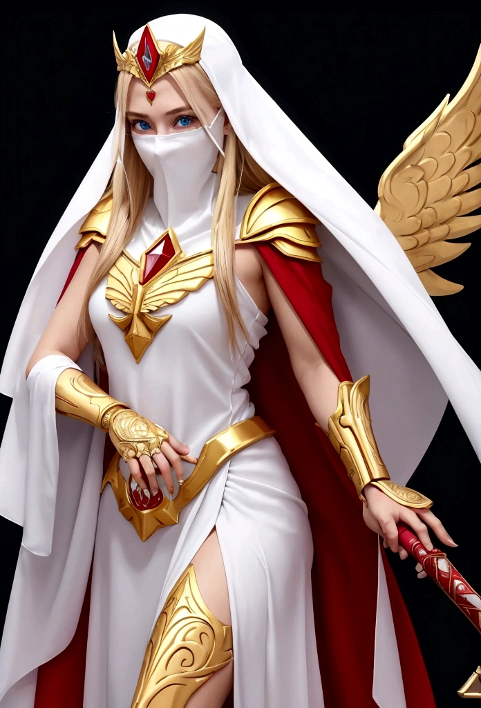 She-Ra and the winged tiara,She was wearing a short white dress decorated with metallic patterns,And a red cape,Golden boots,and long golden wrist guards that extend from the elbow to the wrist。Long blond hair,blue eyes and red lips。 She carries a sword,A veil inlaid with crystals in the middle covers her entire face