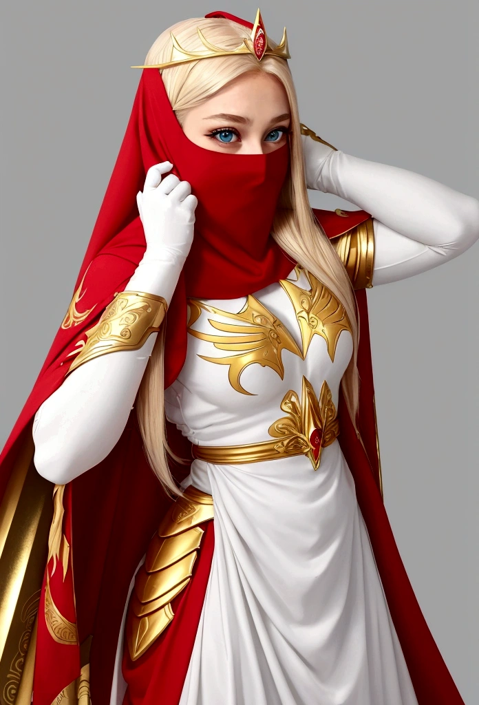 She-Ra and the winged tiara,She was wearing a short white dress decorated with metallic patterns,And a red cape,Golden boots,and long golden wrist guards that extend from the elbow to the wrist。Long blond hair,blue eyes and red lips。 She carries a sword,A veil inlaid with crystals in the middle covers her entire face