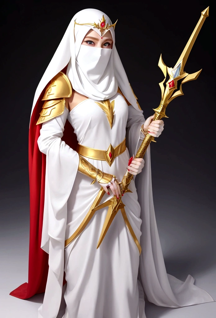 She-Ra and the winged tiara,She was wearing a short white dress decorated with metallic patterns,And a red cape,Golden boots,and long golden wrist guards that extend from the elbow to the wrist。Long blond hair,blue eyes and red lips。 She carries a sword,A veil inlaid with crystals in the middle covers her entire face