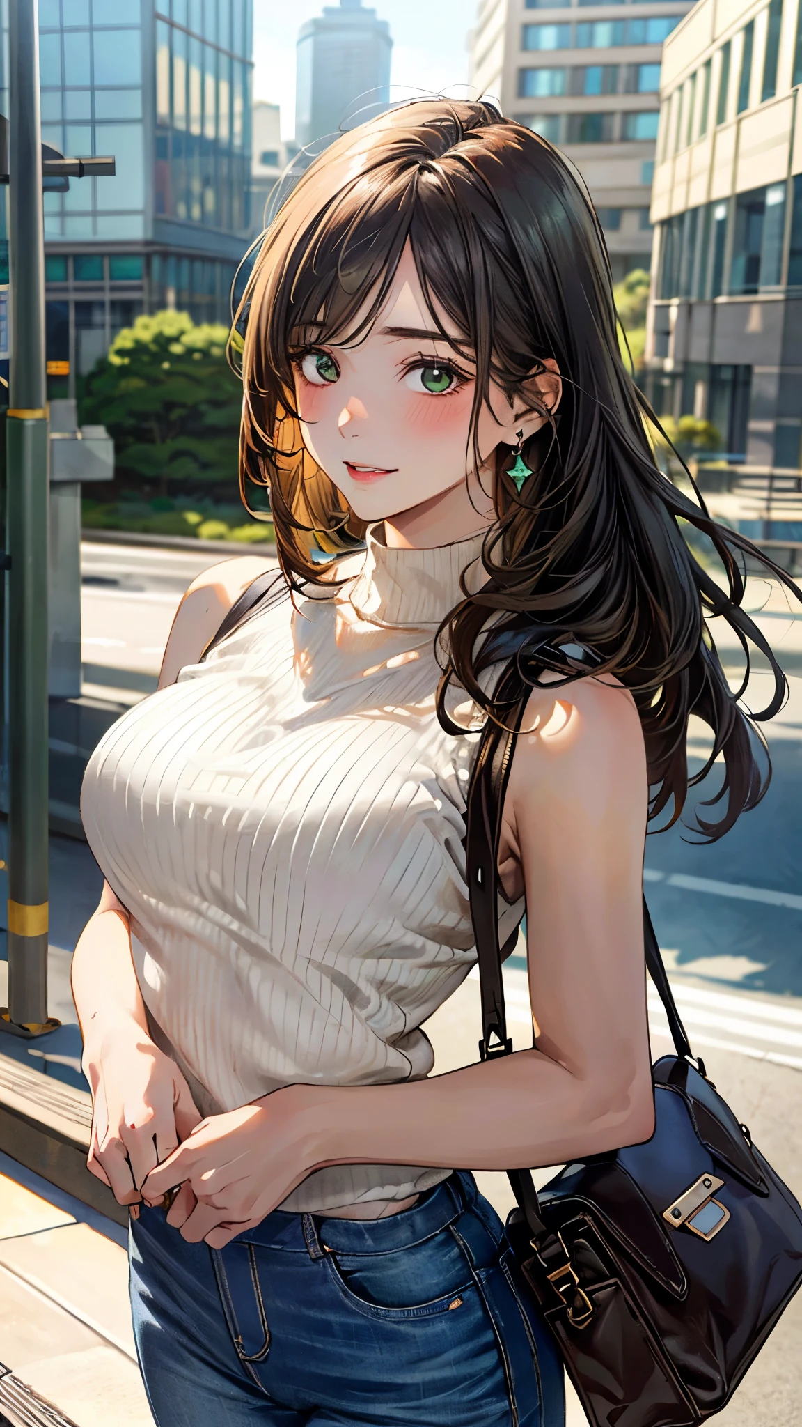 (masterpiece:1.3, top-quality, ultra high res, ultra detailed), (realistic, photorealistic:1.4), beautiful illustration, perfect lighting, natural lighting, colorful, depth of fields, ,
beautiful detailed hair, beautiful detailed face, beautiful detailed eyes, beautiful clavicle, beautiful body, beautiful chest, beautiful thigh, beautiful legs, beautiful fingers, shiny skin, 
looking at viewer, 1 girl, high school girl, baseball cosplay, (perfect anatomy, anatomically correct, super detailed skin), cute and symmetrical face, babyface, perfect face, perfect eyes, , 
(long hair:1.5, low ponyrail:1.2, sideburns:1.5, umber hair), swept bangs, emerald green eyes, big eyes, long eye lasher, (medium breasts, seductive thighs), skin dendation, 
(detailed cloth texture, sleeveless high neck sweater white:1.1, skinny jeans), one shoulder beige bag, 
(beautiful scenery), summer, night, (cityscape:1.2), walking, (lovely smile, upper eyes, parted lips), 