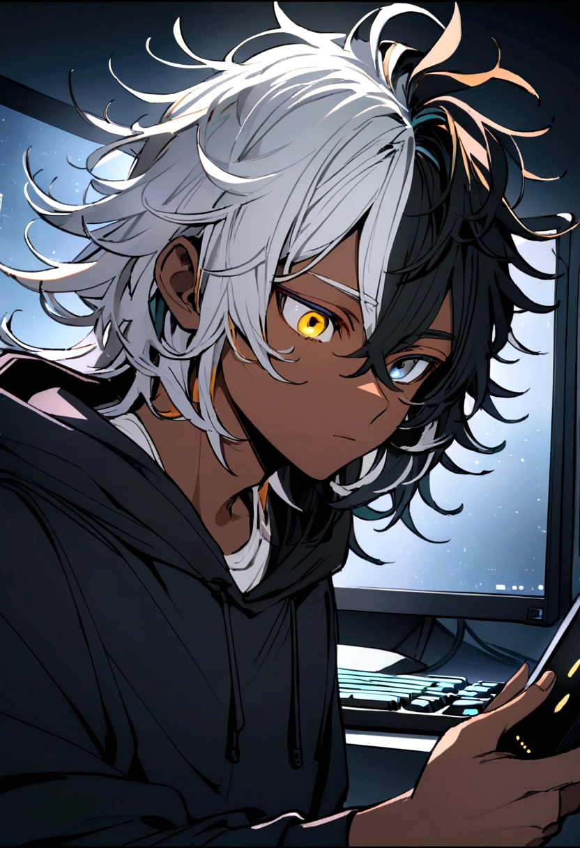 white  shirt, wearing a black hoodie , yellow and black eyes heterochromia , Calm expression, Messy hair , Medium length hair , masculine , multicolored black and white hair , two tone hair , dark skin color, in a room using a black gaming computer , with a phone