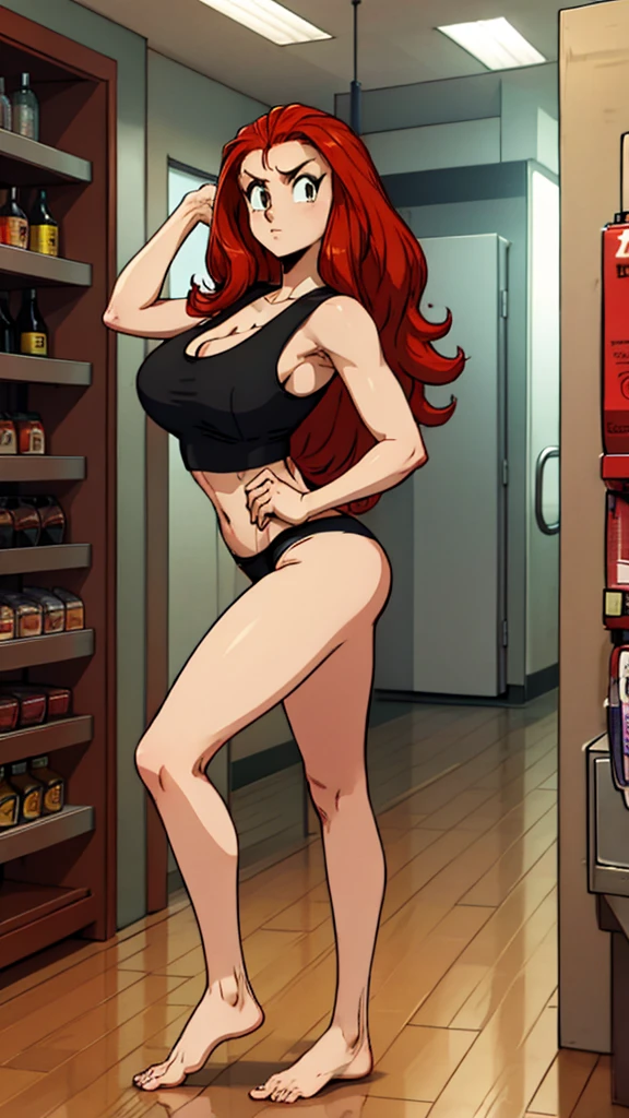 1 woman, wavy red hair, sly face , black tank top, black panties , big breasts , Long legs , stand on your hips... , Barefoot , convenience store