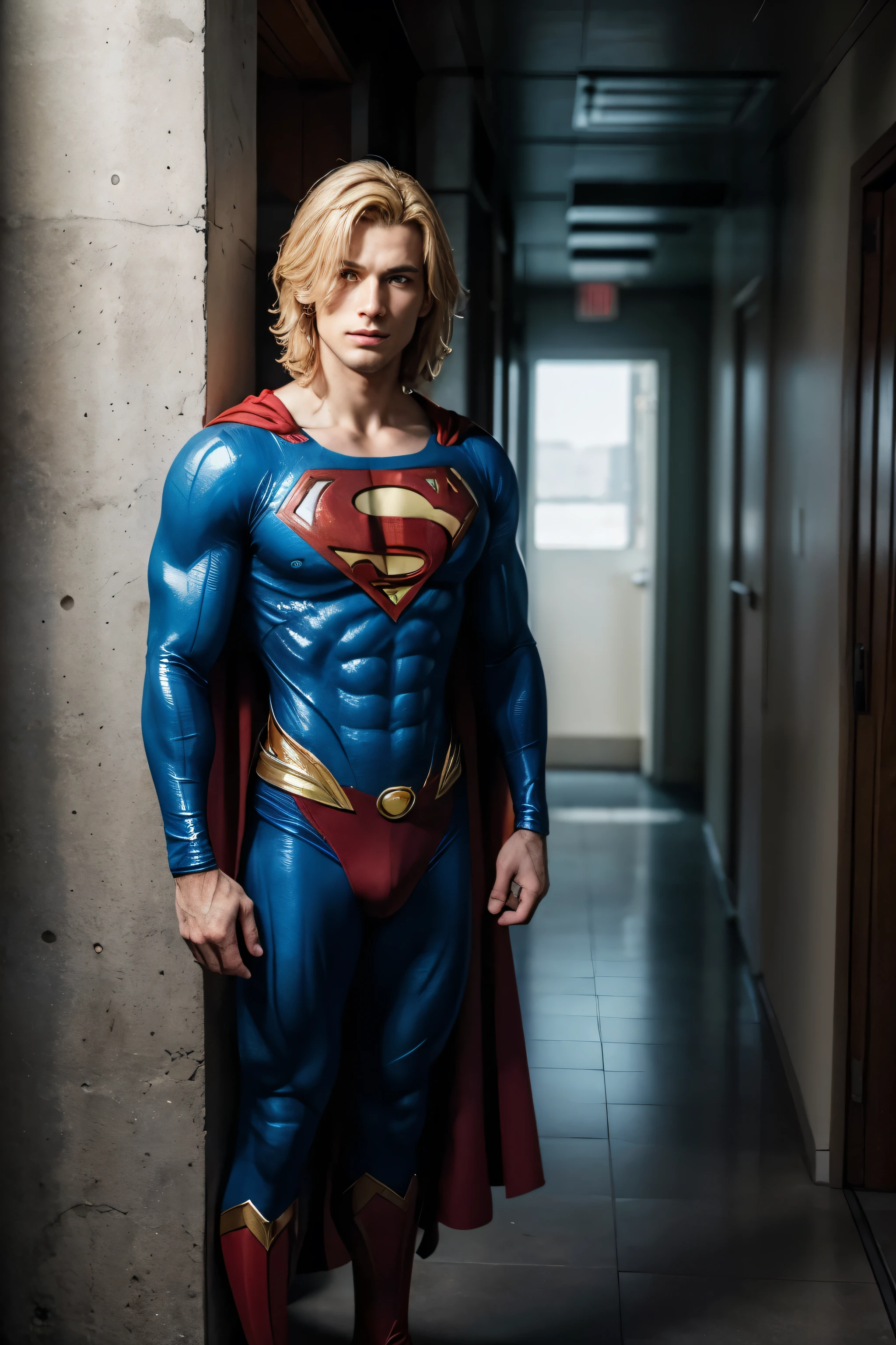 A typical American man, in superman outfit, heroi criptoniano, a handsome and attractive man beautiful wise eyes, A beautiful face, An attractive man, a seductive gaze, A complete body, standing to its full height, standing against a wall, leaning on your shoulder, a full body man standing near the wall, Beautiful and complete male body, blond hair, face full 