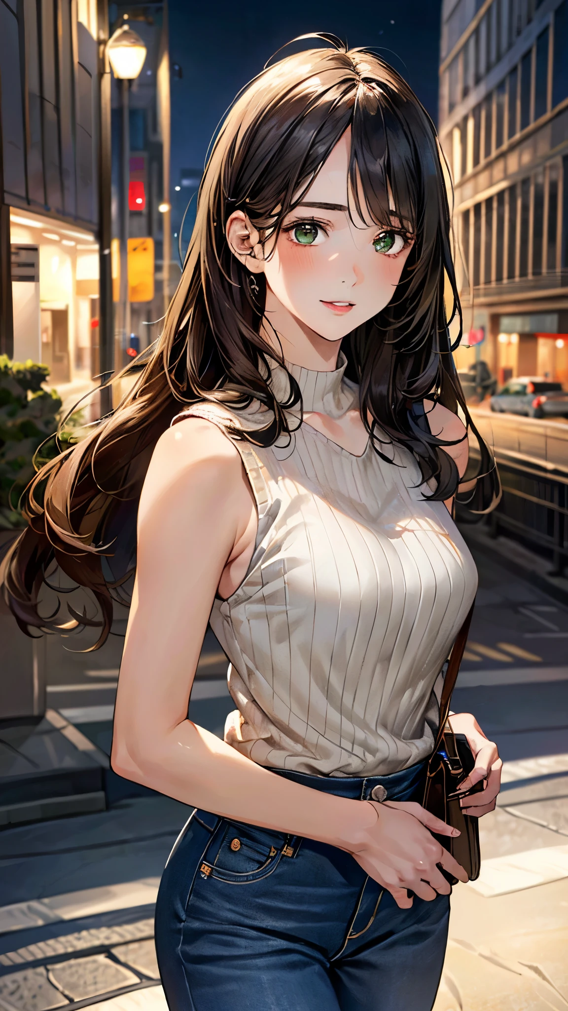 (masterpiece:1.3, top-quality, ultra high res, ultra detailed), (realistic, photorealistic:1.4), beautiful illustration, perfect lighting, natural lighting, colorful, depth of fields, ,
beautiful detailed hair, beautiful detailed face, beautiful detailed eyes, beautiful clavicle, beautiful body, beautiful chest, beautiful thigh, beautiful legs, beautiful fingers, shiny skin,
looking at viewer, 1 girl, high school girl, baseball cosplay, (perfect anatomy, anatomically correct, super detailed skin), cute and symmetrical face, babyface, perfect face, perfect eyes, ,
(long hair:1.5, low ponyrail:1.2, sideburns:1.5, umber hair), swept bangs, emerald green eyes, big eyes, long eye lasher, (medium breasts, seductive thighs), skin dendation,
(detailed cloth texture, sleeveless high neck sweater white:1.1, skinny jeans), one shoulder beige bag,
(beautiful scenery), summer, night, (cityscape:1.2), walking, (lovely smile, upper eyes, parted lips),