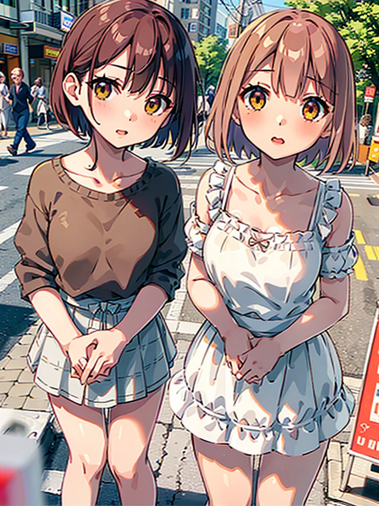 Regular pantyhose、Ultra-detailed、masterpiece、Highest quality、Ultra-high resolution、In 8K、high resolution、Detailed eyes、Gradation、Perfect anatomical figure ,hard disk、Hmph , Nikon Z9 80mm Lens 、Tabletop、Cinema Lighting, Physically Based Rendering, Award-winning, Highly detailed skin, Highly detailed face, Beautiful eyes in every detail、White Lace Lingerie Panties、Fancy panties、Detailed Panty Pattern、Panty Focus、(Pink cotton tight mini skirt), Light orange tank top、10-year-old female, (Beautiful light brown hair, High Ponytail、Looking into the camera、Daytime street、Bright sun、crotch grab,public