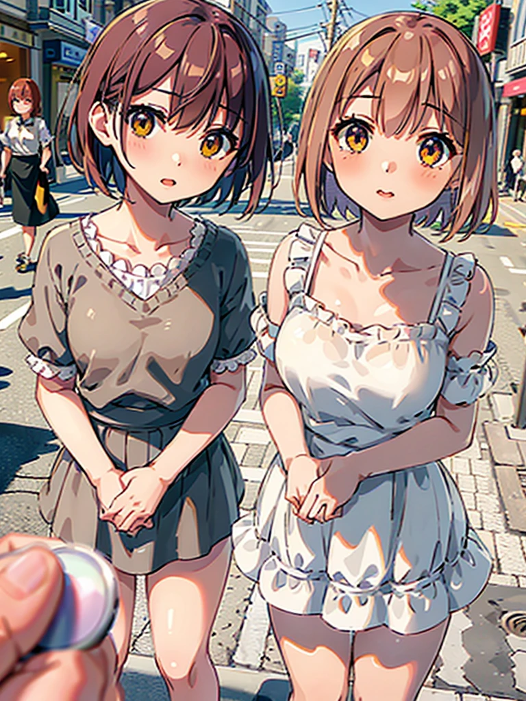 Regular pantyhose、Ultra-detailed、masterpiece、Highest quality、Ultra-high resolution、In 8K、high resolution、Detailed eyes、Gradation、Perfect anatomical figure ,hard disk、Hmph , Nikon Z9 80mm Lens 、Tabletop、Cinema Lighting, Physically Based Rendering, Award-winning, Highly detailed skin, Highly detailed face, Beautiful eyes in every detail、White Lace Lingerie Panties、Fancy panties、Detailed Panty Pattern、Panty Focus、(Pink cotton tight mini skirt), Light orange tank top、10-year-old female, (Beautiful light brown hair, High Ponytail、Looking into the camera、Daytime street、Bright sun、crotch grab,public