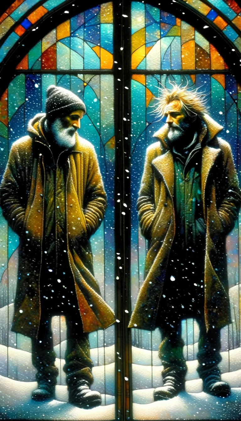 two homeless men walk down the street through the snow next to a stained glass window, snowing(Dave Mckean inspired art, intricate details, oil painting)(Dave Mckean inspired art, intricate details, oil painting)