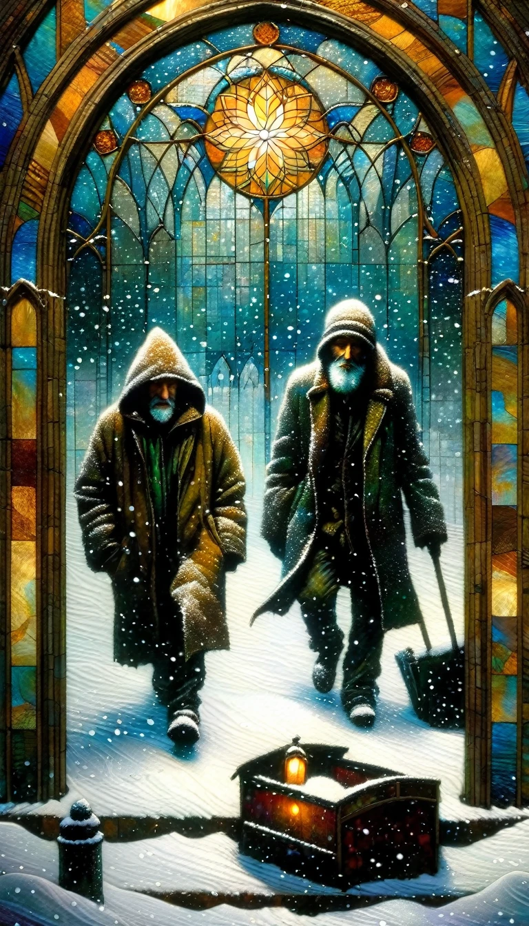 two homeless men walk down the street through the snow next to a stained glass window, snowing(Dave Mckean inspired art, intricate details, oil painting)(Dave Mckean inspired art, intricate details, oil painting)