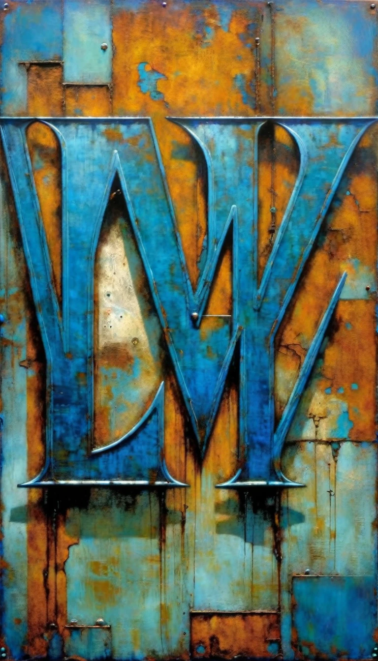 rusty blue sign with text: "VICTOR", metallic blue letters, (Dave Mckean inspired art, intricate details, oil painting)
