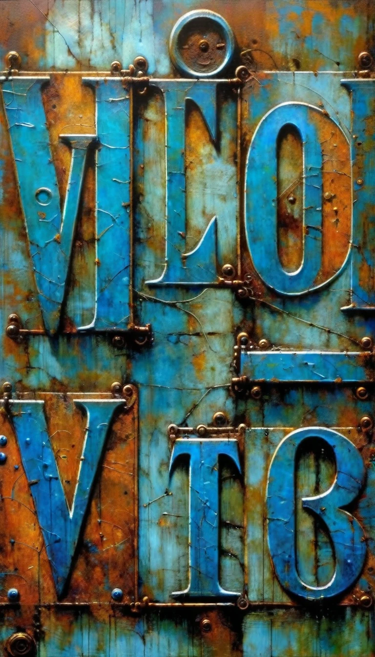 rusty blue sign with text: "VICTOR", metallic blue letters, (Dave Mckean inspired art, intricate details, oil painting)
