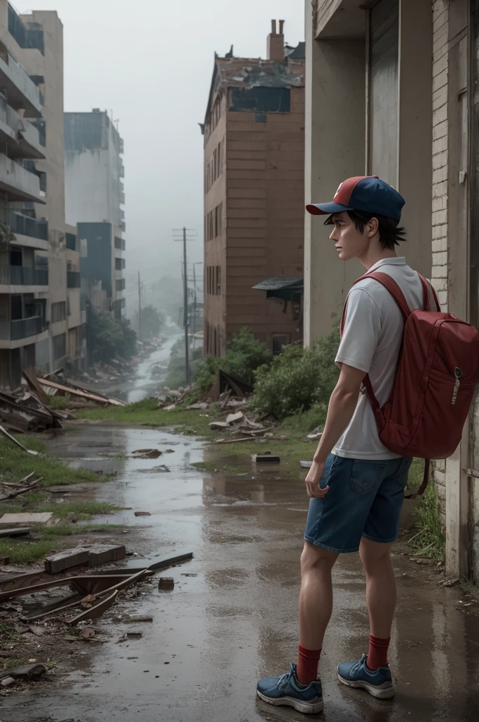 Ash Ketchum seeing an abandoned city with Misty and Brock while it was raining heavily