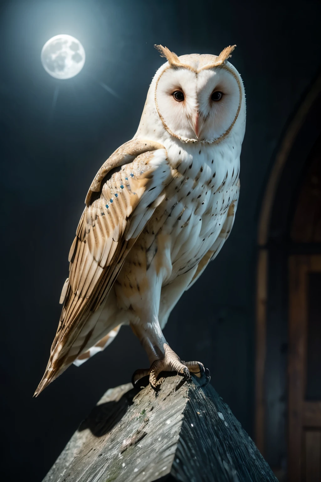 Barn owl, mythological style, sharp focus, studio photography, xf iq 4, 1.50 mp, 5.0 mm, iso 2 0 0, 1/1 6 0s, realistic, octane rendering, Adobe Lightroom, rule of thirds, symmetrical balance, layers of depth, polarizing filter, sense of depth, lunar glow. Incorporate elements that evoke a sense of magic and mystery. Improved AI
