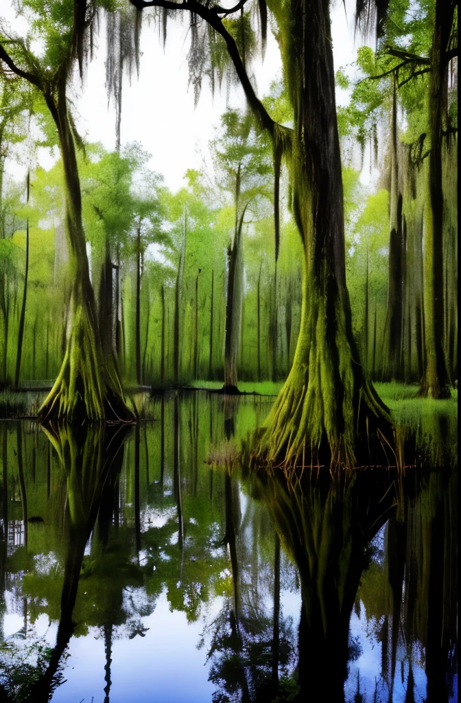 trees are growing in the water near a swamp with moss, a portrait by Neil Blevins, flickr, visual art, spanish moss, louisiana swamps, scene from louisiana swamps, backwater bayou, tall cypress trees, colorful otherworldly trees, cypress trees, old trees, swamp forest, swamps, beautiful ancient trees, an old twisted tree, huge central tree