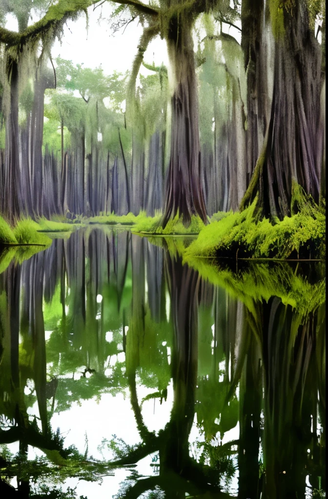 trees are growing in the water near a swamp with moss, a portrait by Neil Blevins, flickr, visual art, spanish moss, louisiana swamps, scene from louisiana swamps, backwater bayou, tall cypress trees, colorful otherworldly trees, cypress trees, old trees, swamp forest, swamps, beautiful ancient trees, an old twisted tree, huge central tree