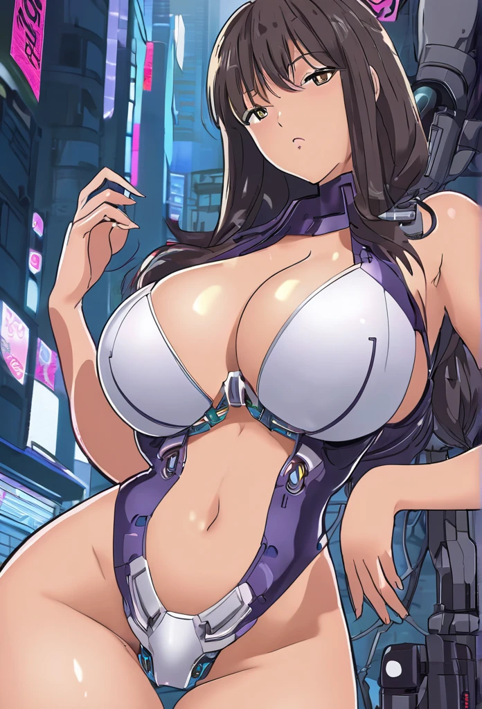 a cartoon of a woman with big breasts and large breasts, Oppai, cyberpunk oppai, Yuri Misaki, biomechanical Oppai, thick, [ conceptual artwork ]!!, I&#39;m going to make fanart too, Juri Han, de Street Fighter, must tear from the overlord, anime moe art style, impacto de ayaka genshin