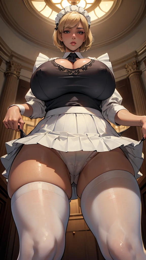 1 Girl，high school girl，High-cut underwear，((Low - Angle，Maid clothes，short hair，Pleated skirt，Pointed Chest，panties under pantyhose，angle of view of ceiling，Cowboy Shot，Very elegant white panties，pubic hair，Black Pantyhose，Camel Toe))，(フリフリのMaid clothes)，(From below:1.3)，((Highest quality, wonderful,8K, masterpiece :1.3)), (Realistic, photoRealistic:1.4),(Brown Skin),（very fine and beautiful skin）,blonde,Black gal，,Very detailed,Cinema Lighting, Detailed light, Best Shadow, Dynamic Angle,Elaborate panties（High leg pants:1.1）,(Super big breasts:1.6), Plump thighs, Indentation:1.5，Skirt flip,At work