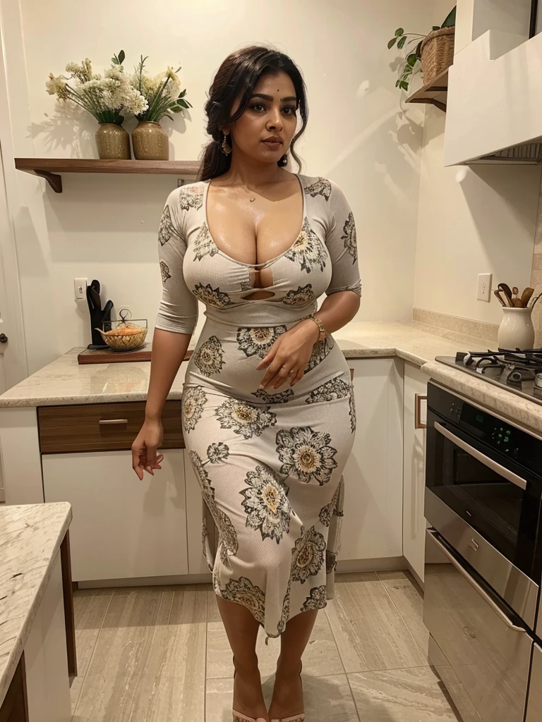 Sri lankan aunty 45 years old curvy body sexy figure fat body haribun wearing flower pattern tight long dress at kitchen sweating 