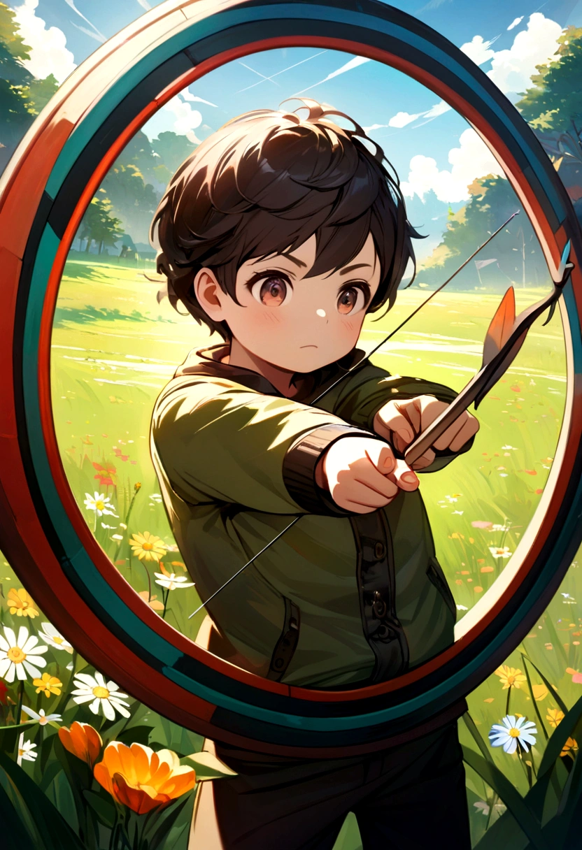  with brownish black hair traning archery in the middle of field (Pointing a bow and arrow to a target). 4K Resolution, Ultra Detailed Pose. 