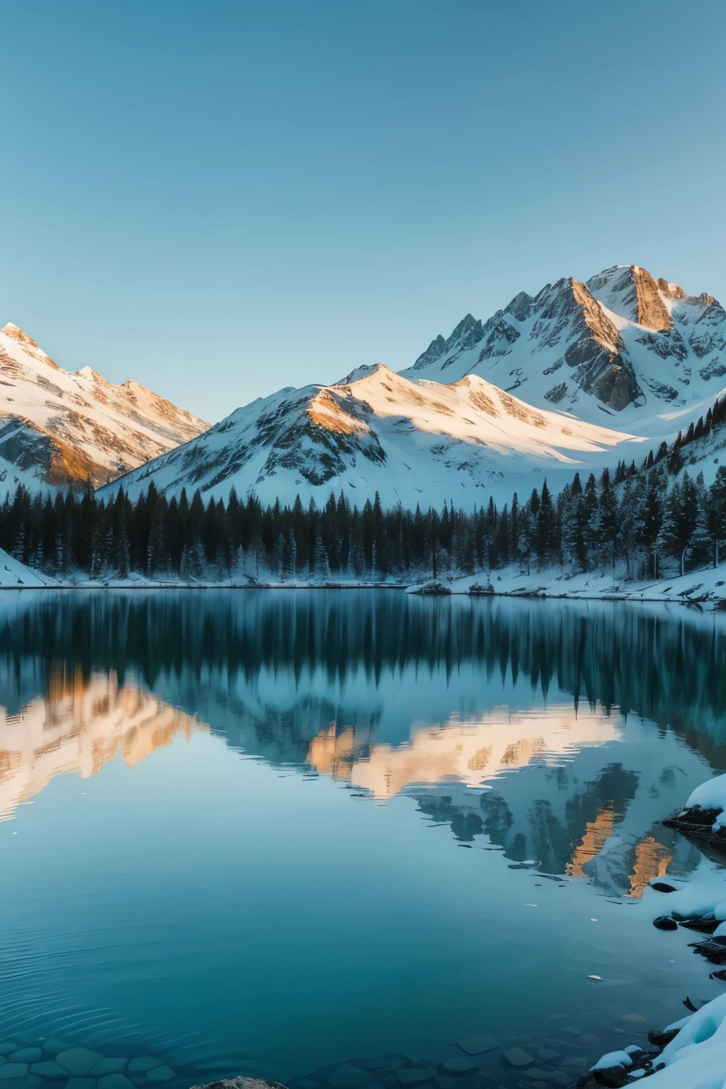 Landscape of snowy mountains with a blue sky, green grass and a beautiful lake with turquoise waters that shines as the reddish rays of the setting sun illuminate it