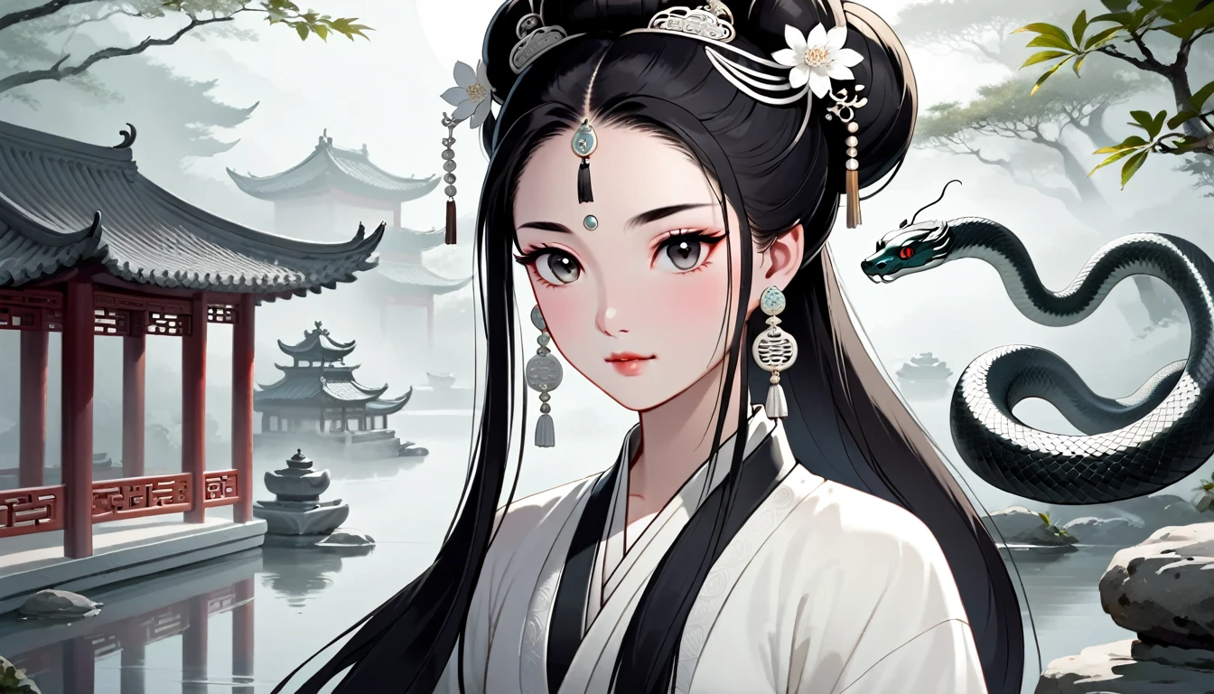 1 ancient Chinese young woman named Amy, with oval face, fair complexion, eye color: black, eyebrows: curved, hair color: black, hairstyle: straight hair (combed into a high bun), headdress: white crown, earrings : White earrings, wearing white traditional clothes, accessories: white necklace. White bracelet. She sits in a traditional Chinese garden and transforms into a white snake while meditating. The transformation is subtle, as her arms and hair begin to take on a snake-like quality, surrounded by ethereal mist and soft moonlight.