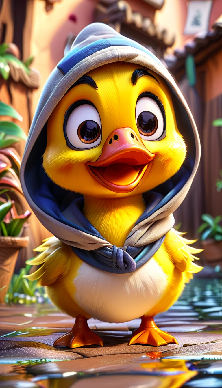 cartoon yellow duck, adorable digital painting, duckface, duck, cute goose, cartoon, looking at viewer, cute eyes, cute small shoes, hood