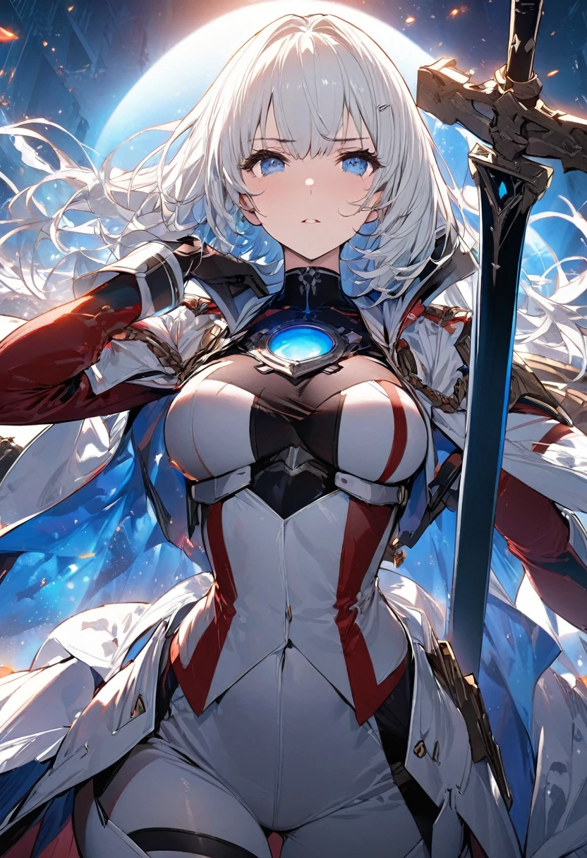 A woman, ((a leader of a fleet of intergalactic armies)), standing amidst the embers of battle, ((her white hair glowing bluish and a manifestation of her strength)), the greatsword in her hand emitting a bright contrast blue light representing the determination of its wielder, an intergalactic military uniform, a commander's hat indicating her capacity as a leader, against the background of a blue sun that marks the end of time. A masterpiece illustration, a light novel cover, best quality, best detail