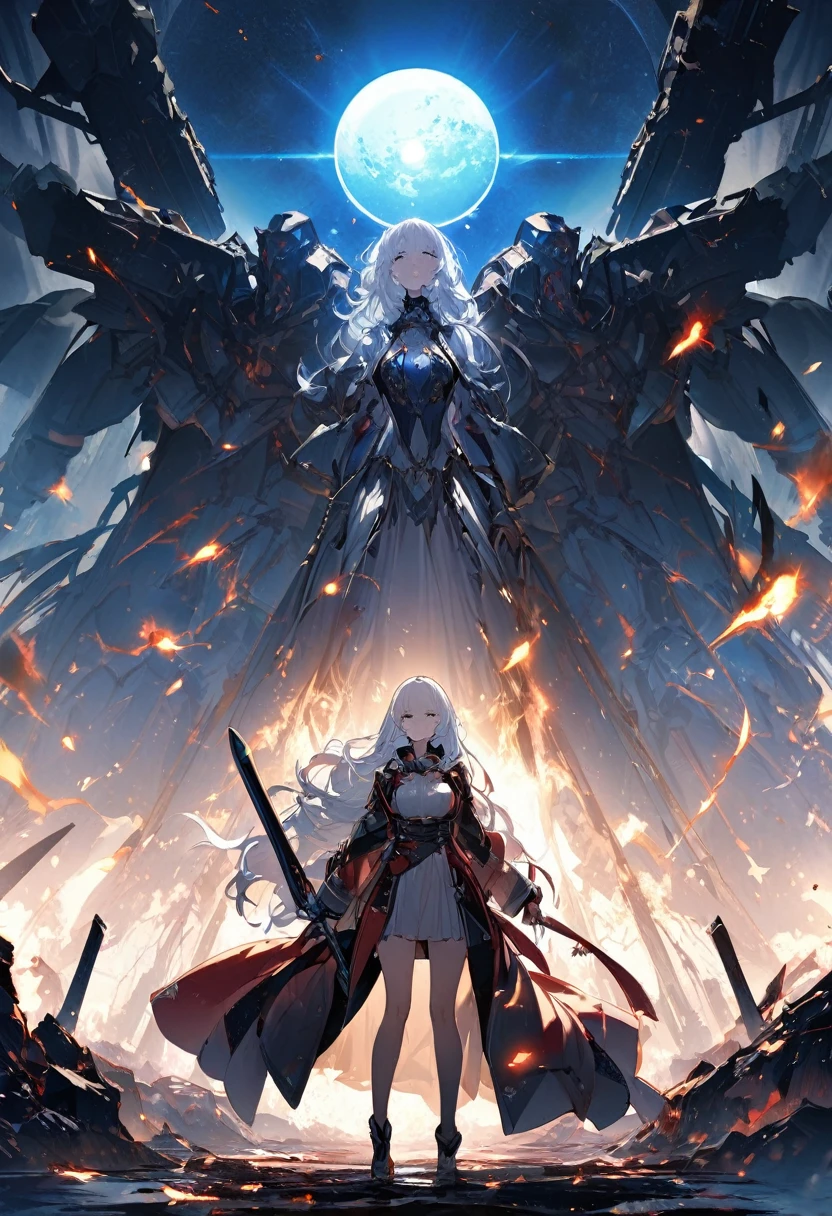 A woman, ((a leader of a fleet of intergalactic armies)), standing amidst the embers of battle, ((her white hair glowing bluish and a manifestation of her strength)), the greatsword in her hand emitting a bright contrast blue light representing the determination of its wielder, an intergalactic military uniform, a commander's hat indicating her capacity as a leader, against the background of a blue sun that marks the end of time. A masterpiece illustration, a light novel cover, best quality, best detail