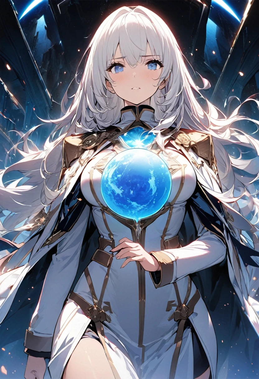 A woman, ((a leader of a fleet of intergalactic armies)), standing amidst the embers of battle, ((her white hair glowing bluish and a manifestation of her strength)), the greatsword in her hand emitting a bright contrast blue light representing the determination of its wielder, an intergalactic military uniform, a commander's hat indicating her capacity as a leader, against the background of a blue sun that marks the end of time. A masterpiece illustration, a light novel cover, best quality, best detail