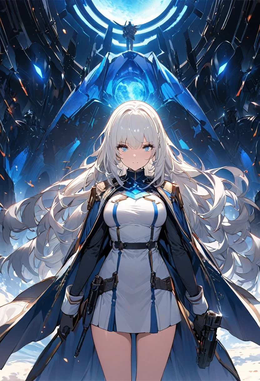 A woman, ((a leader of a fleet of intergalactic armies)), standing amidst the embers of battle, ((her white hair glowing bluish and a manifestation of her strength)), the greatsword in her hand emitting a bright contrast blue light representing the determination of its wielder, an intergalactic military uniform, a commander's hat indicating her capacity as a leader, against the background of a blue sun that marks the end of time. A masterpiece illustration, a light novel cover, best quality, best detail