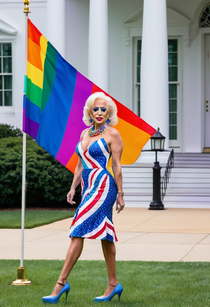 Joe Biden in drag. Wearing Garish make up and dress, high heels. Standing in front of white house with a pride flag that has a happer and sickle on it.
