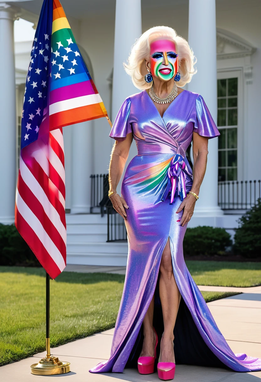 Joe ????? in drag. Wearing Garish make up and dress, high heels. Standing in front of white house with a pride flag that has a happer and sickle on it.