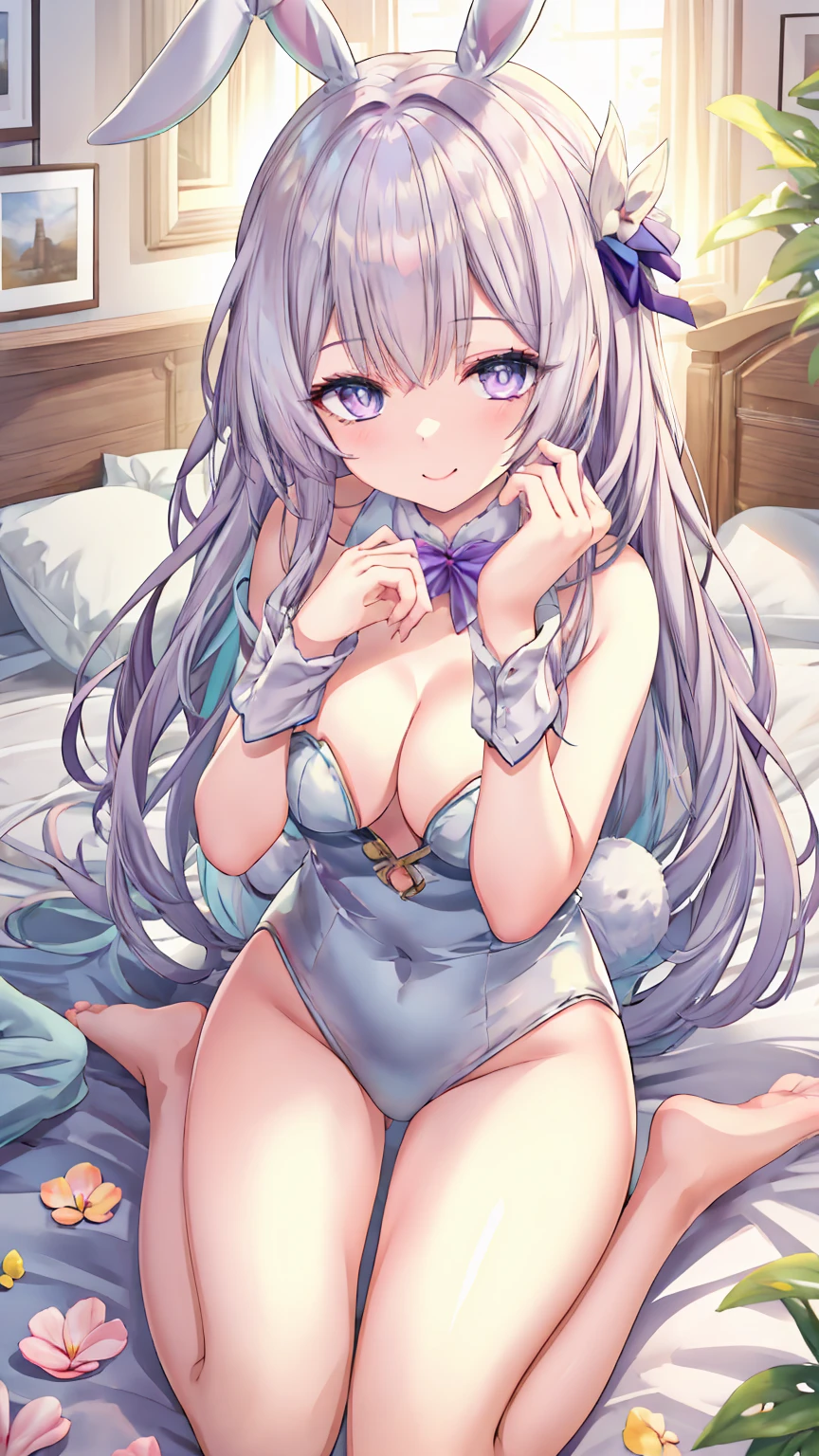 honkaifire Fly, fire Fly, (Purple eyes:1.3), Grey Hair, butterfly hair ornaments, hair ornaments, Hair Intake, Long Hair, (Bright Eyes:1.5) break (lack playboy bunny, overexplosure:1.3), barefoot, barefoot, (wariza:1.5), Half-closed eyes, (On the bed:1.4) break looking at viewer, (Cowboy Shot:1.5), smile,下から構figure, Thighs, セクシー break (masterpiece:1.2), Highest quality, High resolution, unity 8k wallpaper, (figure:0.8), (美しいFine grain:1.6), Highly detailed face, Perfect lighting, Highly detailed CG, (Perfect hands, Perfect Anatomy) break ((masterpiece,Highest quality)), Super detailed, Shine, Shine光, Ray Tracing, (Perfect Face, Detailed face, Fine grain, Perfect hands, Perfect Fingers:1.5), HD, Super cute face, Highest quality, Super detailed break Shine目, (Highest qualityの写実的なイラスト), (Super fine), (Cute illustrations:1.3), (High chroma:1.3),, Beautiful detailed face and eyes, Dynamic lighting, (Very delicate and beautiful) break (Nice hands), (Perfect hands:1.4), Highly detailed illustration, Super cute and beautiful, Highest quality, slender, ,Baby Face,