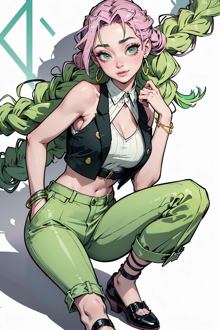 Goddess ((goddess-like woman)), elegant silhouette, masterpiece, best quality, pale skin, fair skin, sweet face, long hair, (masterpiece:1,2, best quality), (real picture, intricate details), (1 lady , solo, medium tits), ((Mitsuri Kanroji (from "Demon Hunters"))), a woman with long green-pink gradient hair and green eyes, green hair, gradient hair, multi-colored hair, long hair, braided hair, she has an impressive presence., long hair, bracelet, hoop earrings, jewelry, beautiful face, beautiful eyes, she looks at the viewer, ,She laughs at the viewer, a hearty laugh, she wears a cream colored tank top with thin gold straps under a open green checkered business suit jacket, cropped midriff, Denim pants, sunglasses, tank top with thin straps, (green checkered business suit jacket), Denim pants, shoes, sweet irresistible smile, elegant pose, elegant hands, beautiful hands, perfect fingers, background: city, streets, coffee shop, 