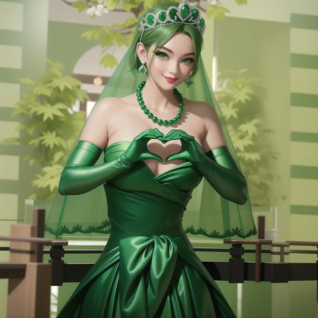 Emerald tiara, Green Pearl Necklace, ボーイッシュな非常に短いGreen Hair, Green Lips, Smiling Japanese woman, Very short hair,  beautiful lady, Green Eyes, Green satin long gloves, Green Eyes, Emerald Earrings, Green veil, Heart with both hands, Green Hair, Beautiful Japanese Women, Heart shaped hands:1.3, green lip gloss