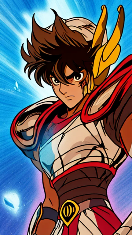 Artgerm (Stanley Lau) Style, shingoaraki-smf style, knights of the zodiac, saint seiya, 1 boy, messy brown hair, expression of determination on her face, pegasus seiya , bandages, Blood, injured, pegasus armor, Broken Armor, rock ruins background, posture of battle, cosmos, energy stars, blue aura 