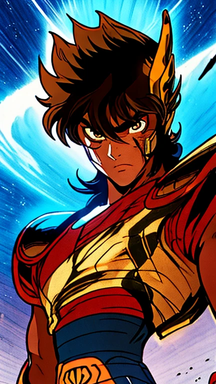 Artgerm (Stanley Lau) Style, shingoaraki-smf style, knights of the zodiac, saint seiya, 1 boy, messy brown hair, expression of determination on her face, pegasus seiya , bandages, Blood, injured, pegasus armor, Broken Armor, rock ruins background, posture of battle, cosmos, energy stars, blue aura 