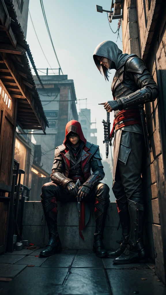 Two Cyberpunk Assassin's Creed Holding swords, Sitting on the rafters on the wall on the restaurant street on a modern street. Robots work everywhere. Modern weapons. Modern red suit. Electronic city. Modern weapons. White suit. Hold the blade. Metal robot arm. Hold the gun. Many people pass by.