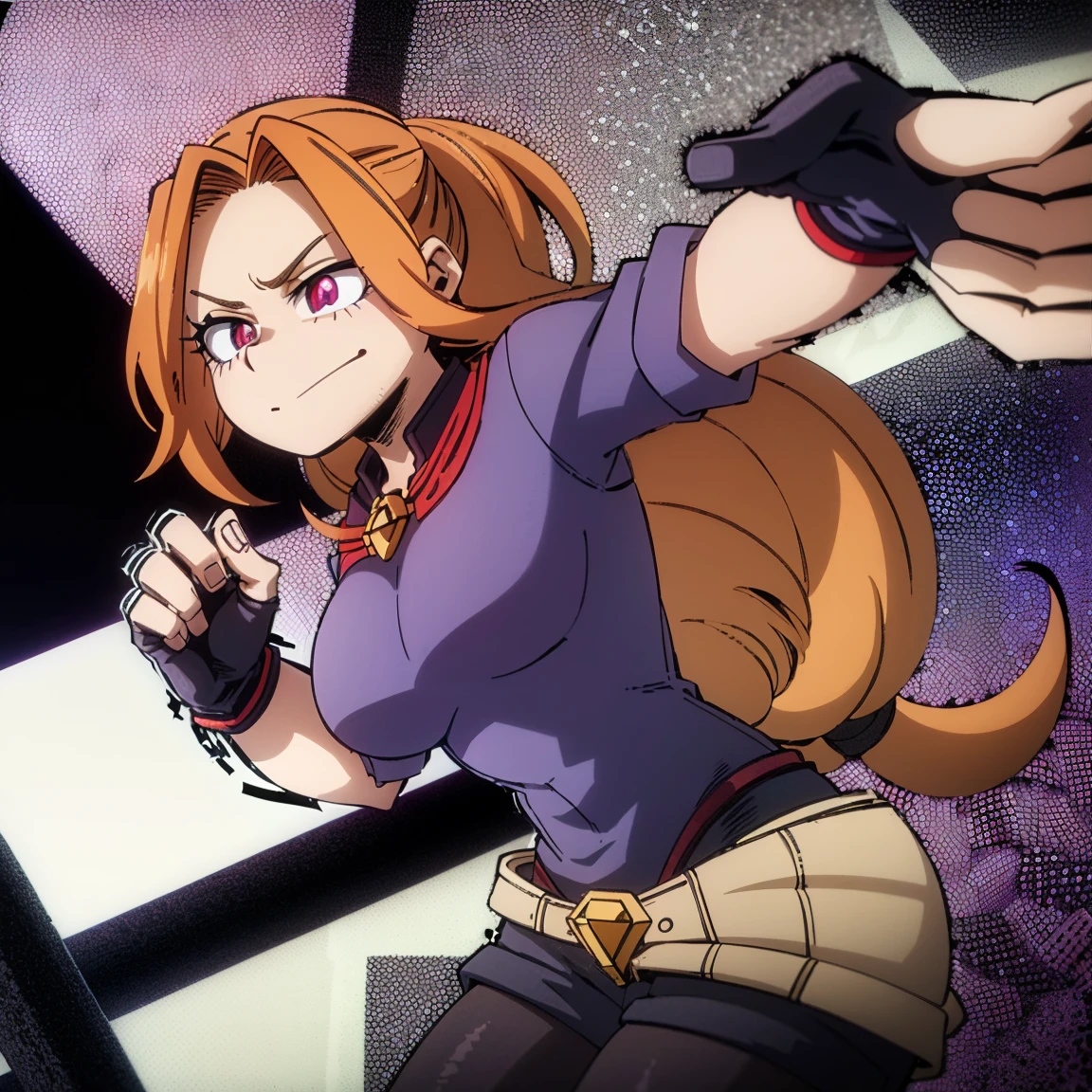 1girl, female focus, boku no hero academia, masterpiece, best quality, very aesthetic, cowboy shot, big breasts, ponytail curly hair, orange hair, dark pink eyes, smirk, red pendant, lavender jaket, dark purple shirt, purple shorts, pantyhose, fingerless gloves, belt, jewelry, spikes, boots 