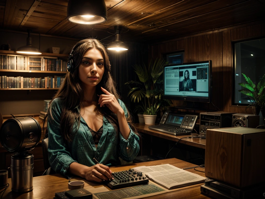 a mermaid disguised as a human,radio host,night time,radio station on top floor of tower in pacific northwestern woods,highly detailed,cinematic,dramatic lighting,fantasy,photorealistic,8k,ultra-detailed,masterpiece,realistic,vivid colors,beautiful face,detailed eyes,detailed lips,long eyelashes,beautiful skin,elegant expression,warm lighting,cozy atmosphere,detailed interior of radio station,sound equipment,glowing monitors,books and papers,potted plants,wooden furniture