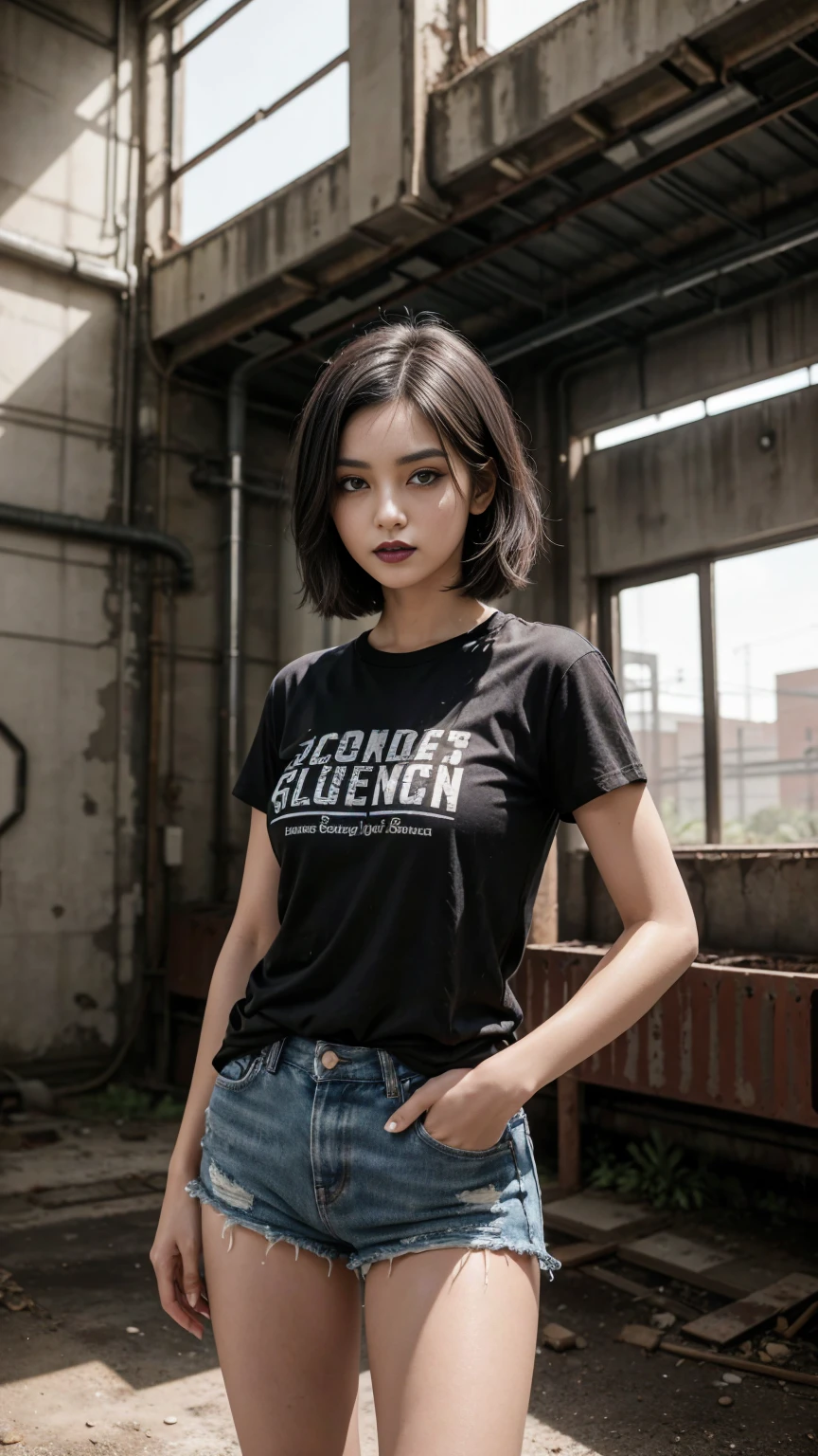 A woman between 25 and 30 years old has slender short black hair, dark brown eyes using eye makeup eyeliner and eyeliner and ((Black lipstick on lips,)) wearing a black t-shirt and black denim shorts he is standing posing for the photo the environment is the interior of an old abandoned factory with pipes and registers everywhere sunlight coming from above some dry leaves on the floor dust grains in the air rust in the pipes small steam leaks in some pipes, the image conveys the beauty of a professional photograph highlighting the beauty of the girl and the details of the factory where she is.